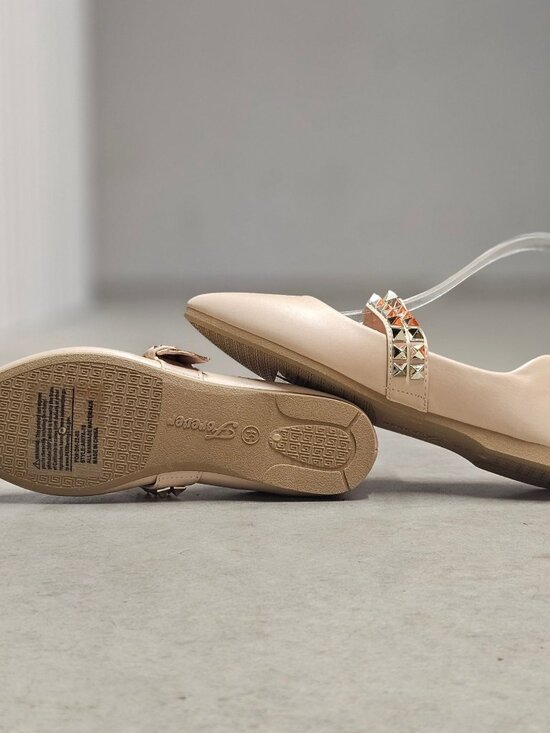 Studded Metallic Strap Beige Pointed-Toe Flats For Girls - Comfortable & Stylish - Picture 7 of 10